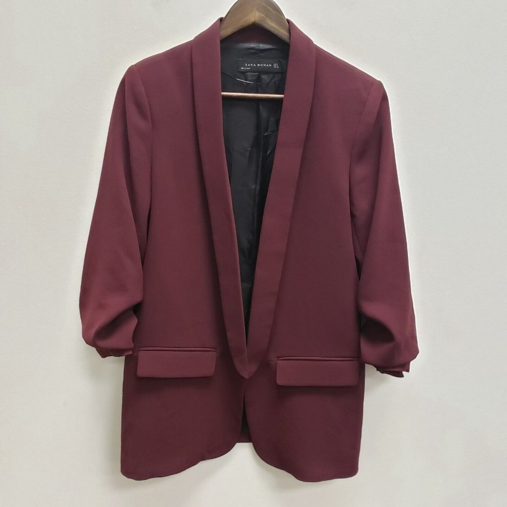 Zara Woman Open Front Blazer Size M Maroon Roll Tab Sleeve Shawl Lapel Pockets